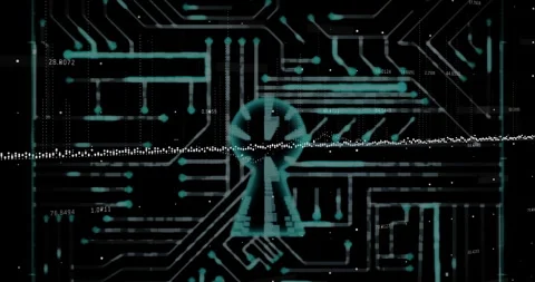Keyhole shape over circuit board pattern with digital data processing animation Stock Footage 304840393
