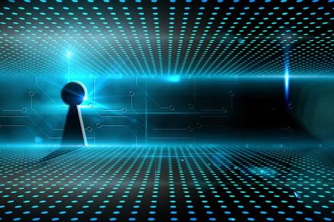Keyhole on technological glowing background Illustrazione stock