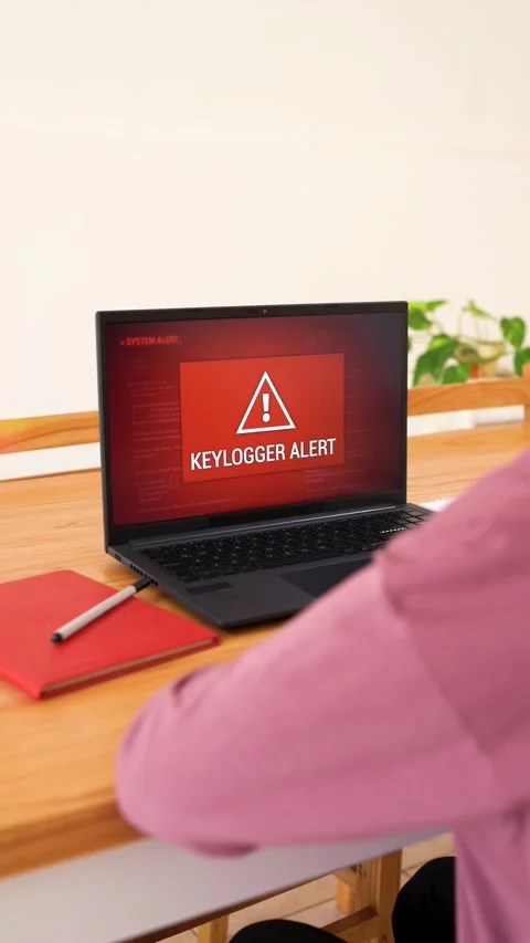 Keylogger Alert With Warning Icon on Red Background On Laptop Screen. - Stock Footage 306147824
