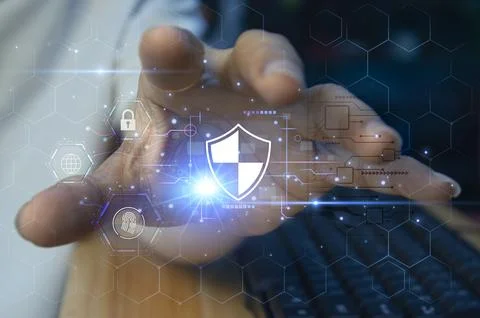 Keypad, cyber shield, lock, technology security system. Digital link. Cyber.. Stock Photos