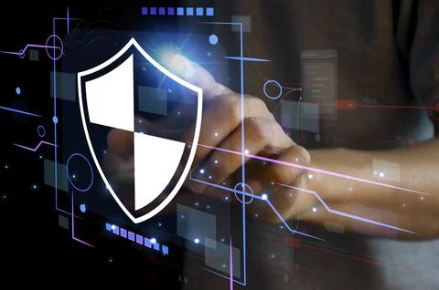 Keypad, cyber shield, lock, technology security system. Digital link. Cyber.. Stock Photos