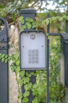 Keypad security lock system mounted on a gate with vines in San Antonio Texas Stock Photos