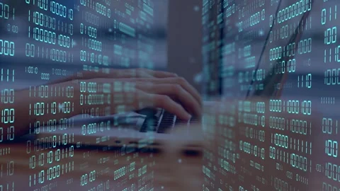 On keypress, hands typing on laptop keyboard, binary digits floating to Stock Footage 335731926