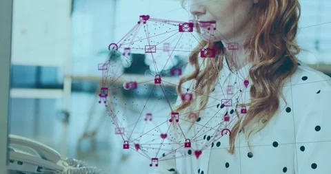 Keypress starting data orb over keys, woman typing while checking screen, orb Stock Footage 333830550