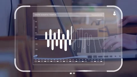 On keypress, user hands typing, HUD waveform growing, chart Data for account no Stock Footage 335235996