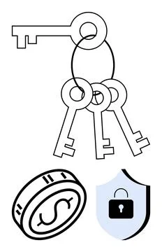 Keyring with multiple keys, dollar coin, and security shield with lock. Ideal Stock Illustration