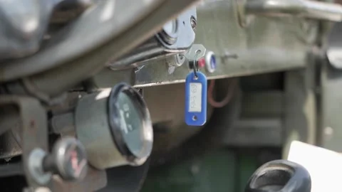 The keys are in the ignition of an old car Video stock 225445796