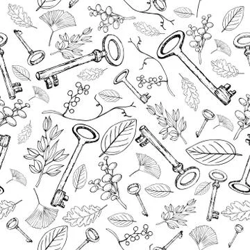 Keys with berries and leaves pattern in retro black line style isolated Stock Illustration
