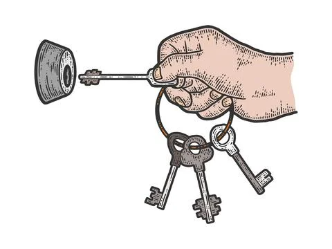 Keys in hand opens door. Sketch scratch board imitation color. Stock Illustration