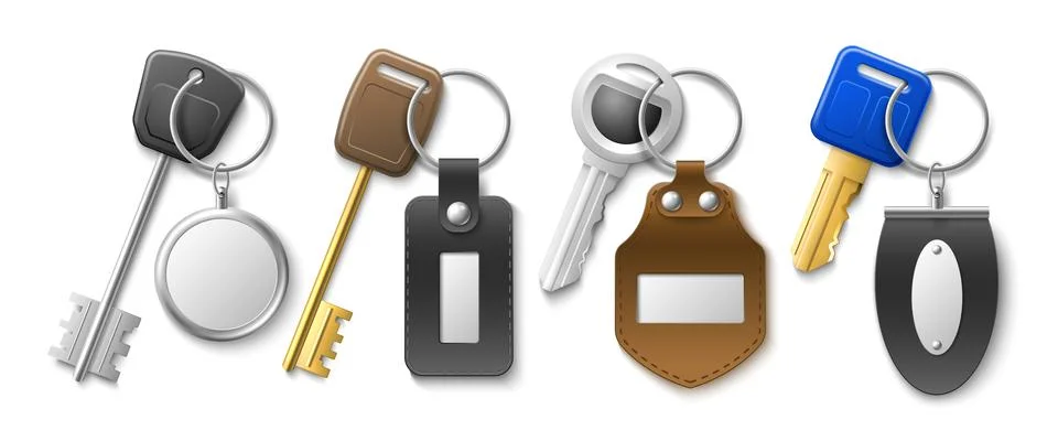 Keys with key chains. Realistic isolated keychains, leather and metal modern Ilustración de archivo