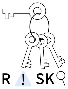 Keys linked together with text RISK and an alert symbol. Ideal for security,  イラスト素材
