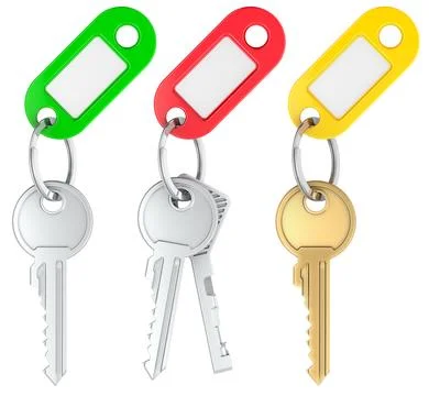 Keys with Plastic Key Tags with empty labels, 3D rendering Stock Illustration