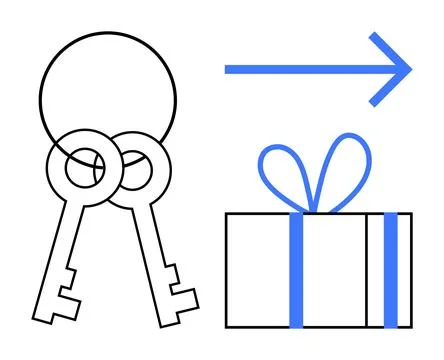 Keys on a Ring with Gift Box and Blue Arrow Indicating Direction or Movement Stock Illustration