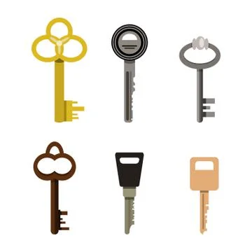 Keys vector set isolated on white, flat cartoon style, modern and classic Stock Illustration