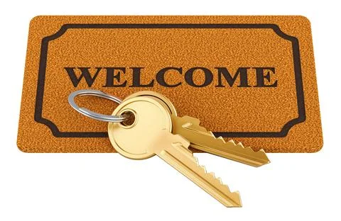 Keys with welcome doormat. 3D rendering Ilustración de archivo