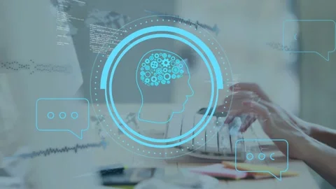 Keystroke initiating hands typing while HUD brain icon evolving, showing AI help Stock Footage 335235672