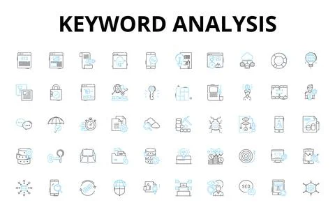 Keyword analysis linear icons set. Metrics, Research, Strategy, Rank Illustrazione stock