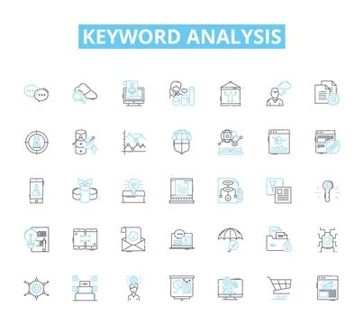 Keyword analysis linear icons set. Metrics, Research, Strategy, Rank Illustrazione stock