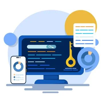 Keyword analysis report concept, ranking of most frequently searched keywords. Stock Illustration