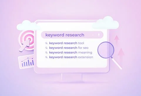 Keyword Research and SEO optimization 3d vector concept. Selection popular Stock Illustration