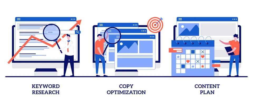 Keyword research, copy optimization, content plan concept with tiny people... Stock Illustration