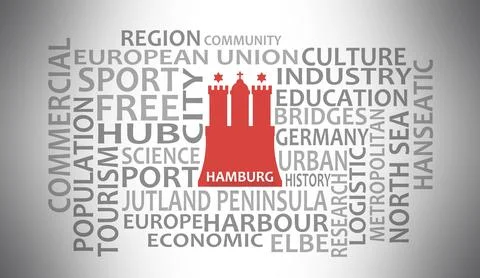 Keywords cloud of Hamburg. Words collage with coat of arms. Infographic Illustration