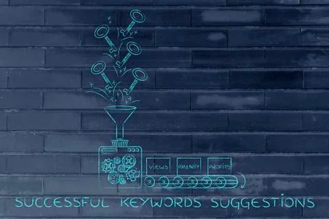 Keywords for profits: machine turning keys into views and popularity Stock Illustration