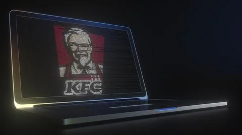 KFC logo made with computer code on the laptop screen. Editorial conceptual 3d Stock Illustration