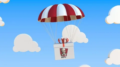 KFC logo on moving box moves under parachute. Editorial loopable 3D animation Stock Footage 123111989