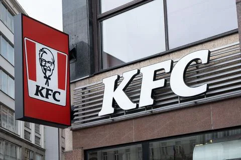 KFC sign board on restaurant in a historical building in Prague Fast Food t. EDI Stock Photos