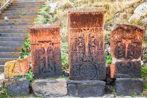 Khachkars in front of sevanavank monastery complex Foto stock