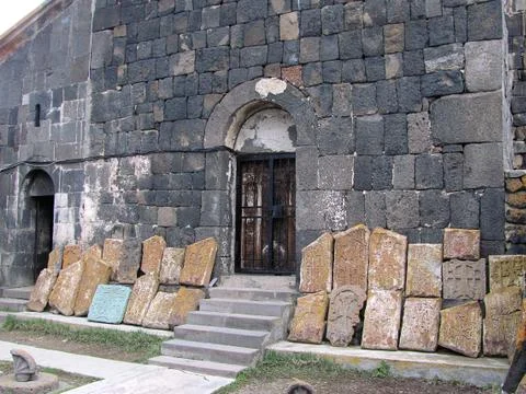Khachkars stone crosses in Sevanavank monastery complex Stock Photos