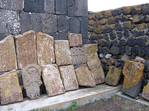Khachkars stone crosses in Sevanavank monastery complex Stock Photos