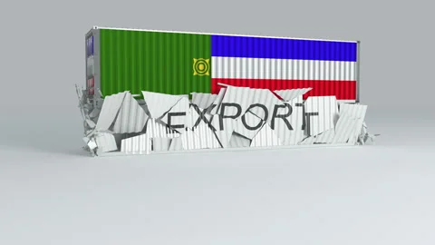 Khakassia container with the flag falls on top of a container labeled EXPORT Stock Footage 124596754