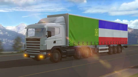 Khakassia flag shown on the side of a large truck Stock Footage 122101655