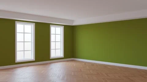 Khaki Interior with a White Ceiling and Cornice, Glossy Herringbone Parquet Stock Illustration