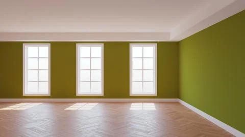 Khaki Interior with a White Ceiling and Cornice, Glossy Herringbone Parquet Stock-Illustration