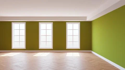Khaki Interior with a White Ceiling and Cornice, Glossy Herringbone Parquet Stock Illustration