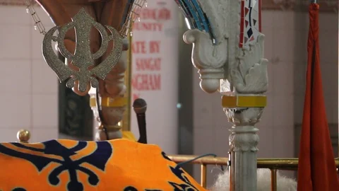 Khanda symbol of Sikhism hanging inside Gurdwara Panja Sahib Video stock 86660084