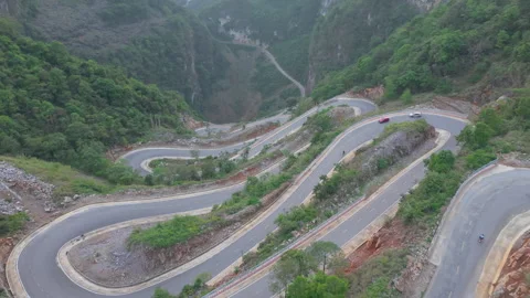 Khau Coc Cha Mountain Pass, Cao Bang with winding road, stunning mountain views Stock Footage 310100191