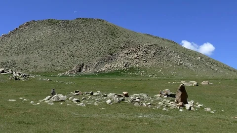 Kheregsuurs (ancient burial structures) in the Mongolian steppe. Video stock 89676699
