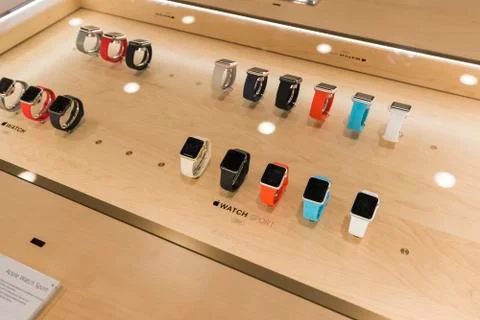 Khimki, Russia - December 22 2015. Apple watch in Mvideo large chain stores Stock Photos