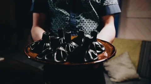 Khinkali on a beautiful table with wine Stock Footage 141482235
