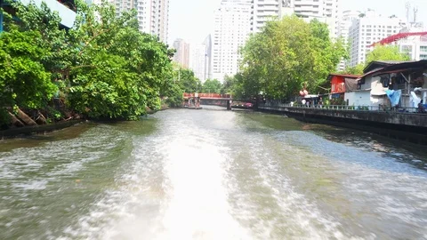 Khlong Saen Seap river in downtown Bangkok. View from speed boat. Stock Footage 107013183