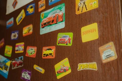 Khmelnytskyi, Ukraine - August 10 2024 - Children's stickers on the wall Stock Photos