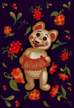 Khohloma cute happy dancing bear with accordion . Russian style children's Stock Illustration