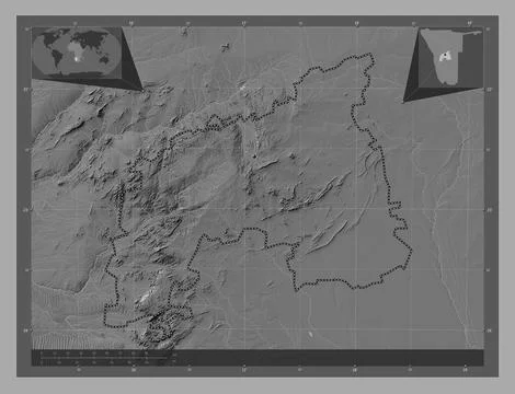 Khomas, Namibia. Bilevel elevation map with lakes and rivers Illustrazione stock