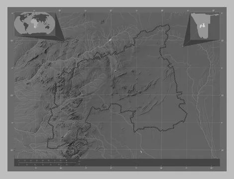 Khomas, Namibia. Grayscale elevation map with lakes and rivers Stock Illustration