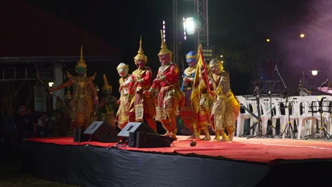Khon Masked Dance Performance on Outdoor Stage Stock Footage 340663776