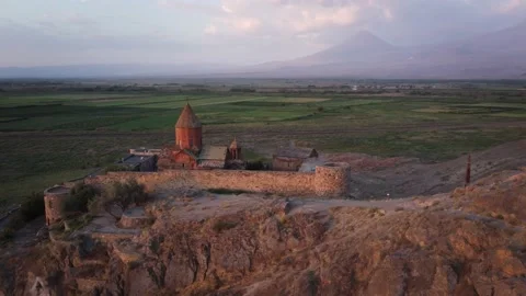 Khor Virab monastery and Mount Ararat at sunrise. Armenia. 4K Aerial Stock Footage 194654909
